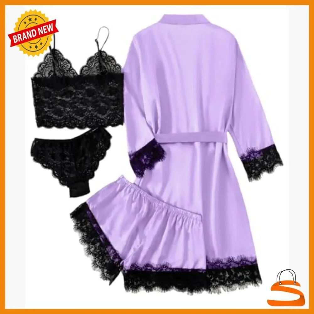 Satin Floral Lace Trim Cami Pajama Set with Robe, 4-Piece Sleepwear